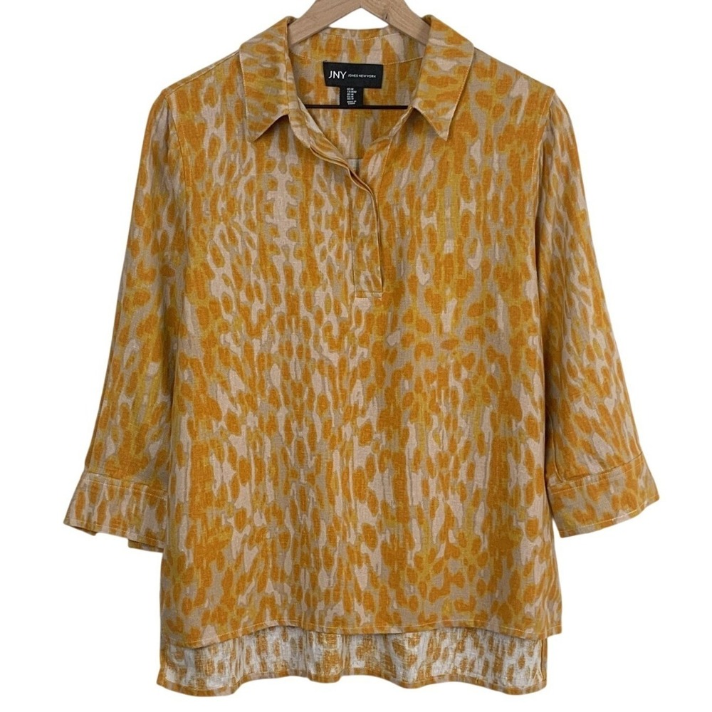 JYN Jones New York Linen Blend Abstract Animal Print Tunic Top Sz M Yellow